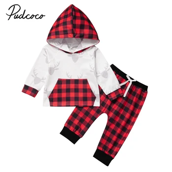 

0-24M 2PCS Pudcoco Newborn Baby Girls Boys Xmas Deer Long Sleeve Cartoon Hoodies Tops + Plaid Check Pants Christmas Clothes Set