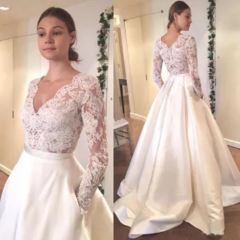 

Elegant Long Sleeve Wedding Dress V Neck A Line Appliques Lace Top Satin Skirt Wedding Gown with Pocket Custom Made Bride Dress