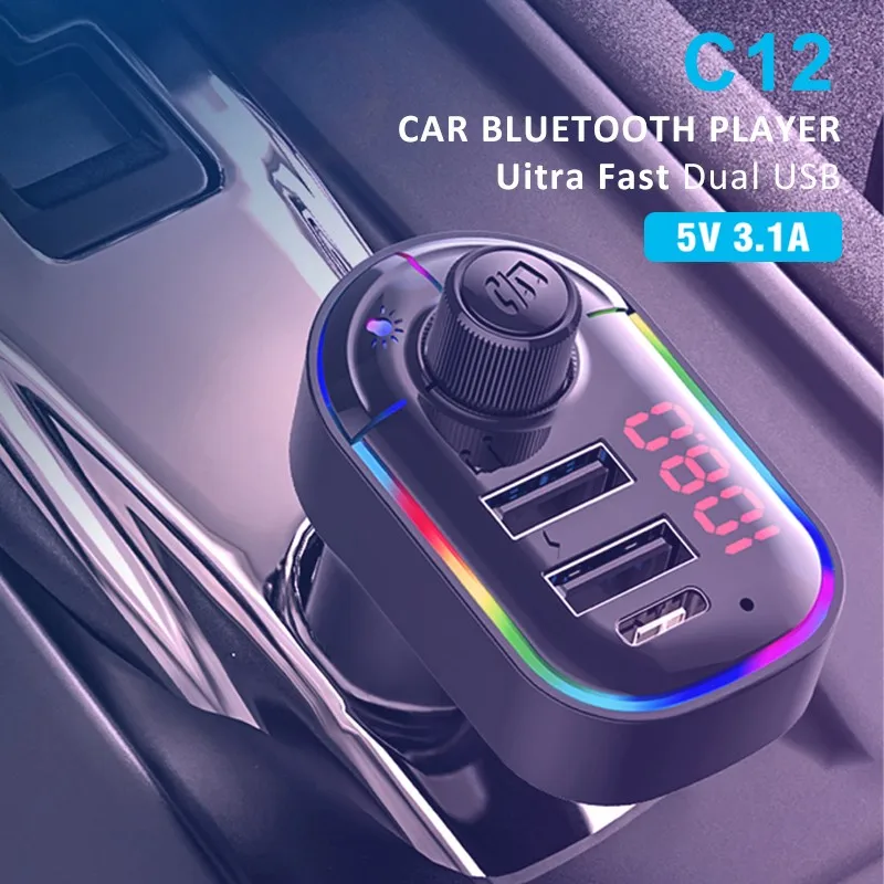 

Bluetooth 5.0 FM Transmitter Car Kit MP3 Modulator Player Wireless Handsfree Audio Receiver Dual USB Fast Charger Ambient Light