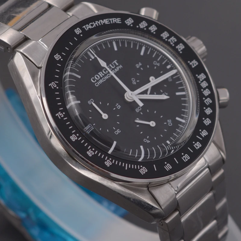 Люксовый бренд 40 мм corgeut многофункциональные кварцевые мужские часы с полным хронографом черный циферблат стальной браслет мужские часы