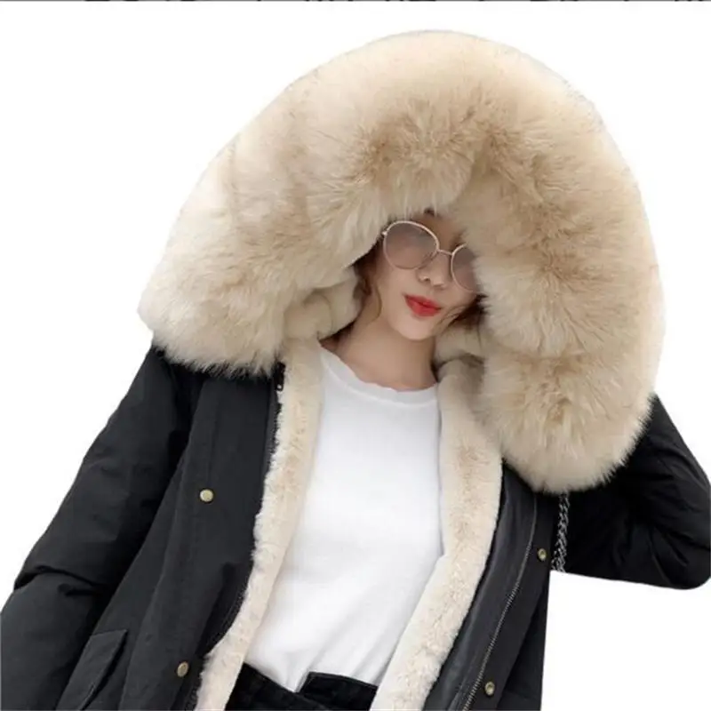 Роскошные зимние женские куртки из искусственного меха, теплая куртка для женщин, ленивый мех кролика, меховой воротник, съемный Лисий мех, длинное пальто - Цвет: Beige fur coats