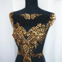 Black & Gold Sequin Lace Fabric with Tassel Applique - Perfect for Royal Wedding Gown - Image 2