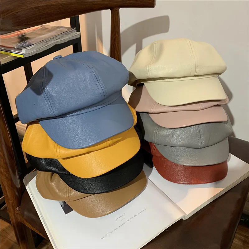 Зимняя шапка, женская кожаная восьмиугольная шапка, модная повседневная универсальная Корейская шапка, британский кожаный берет, Женская Трендовая шапка