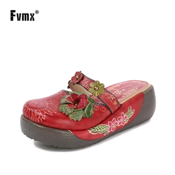 

FVMX New Summer Beach Retro Flowers Ethnic Wind Sandals and Slippers Muffin Thick Bottom Handmade Leather Women Ladies Shoes