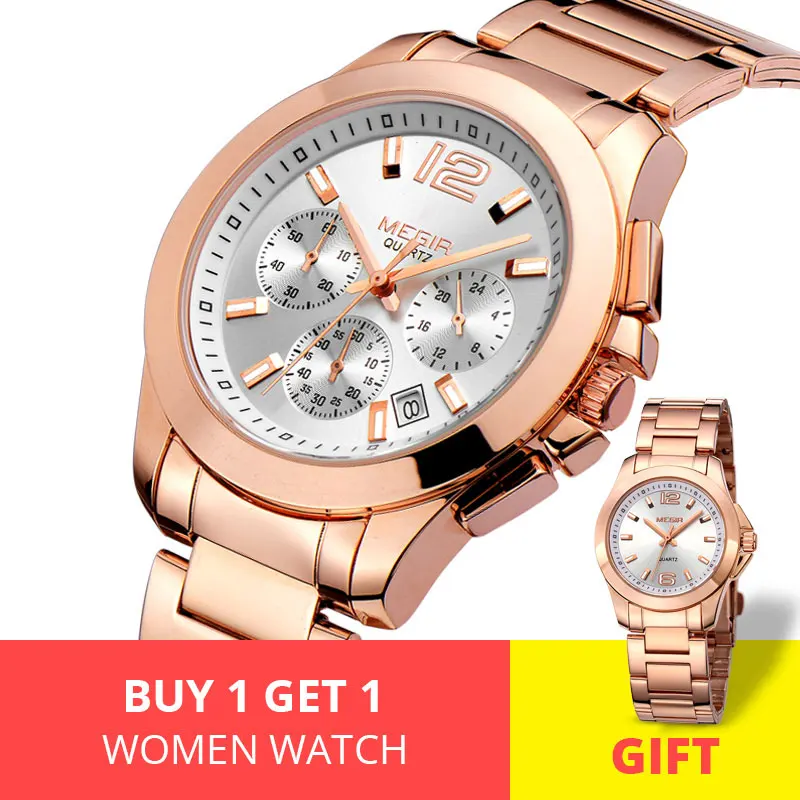 MEGIR мужские часы Horloges Mannen из нержавеющей стали брендовые кварцевые часы для мужчин Роскошные наручные часы набор Zegarek Meski Saat - Цвет: Rose