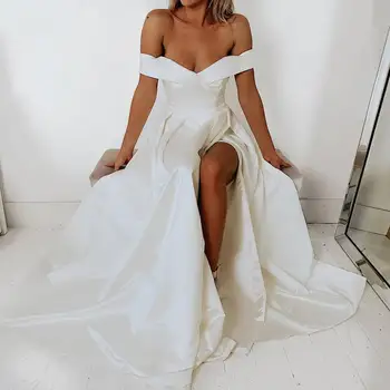 

Simple Design Side Split Bride Dresses Satin A Line Floor Length Wedding Party Dresses Vestidos De Novia