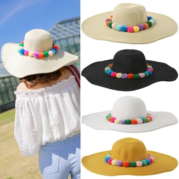 

Womens Fluffy Pom Pom Ball Decorated Straw Sun Hat Beach Summer Wide Brim Cap D08C