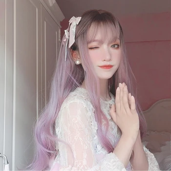 

AILIADE Long Wigs With Bangs Mixed Purple Wave Wig Natural for Women Curly Cosplay Heat Resistant Party Wig