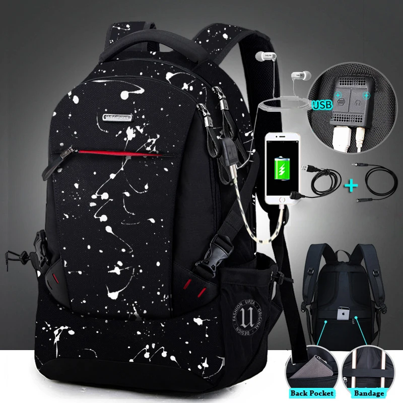 Большой Вместительный рюкзак для мужчин, 15,6 дюймов, рюкзаки для ноутбука, USB зарядка, дорожная сумка, водонепроницаемый рюкзак, школьные сумки, рюкзак для мальчиков - Цвет: snowflake