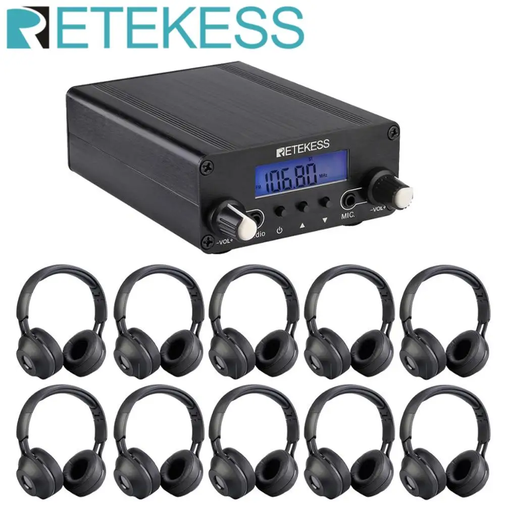 Беспроводной FM трансмиттер Retekess TR508 радиостанция + 10 шт. наушников TR104 для