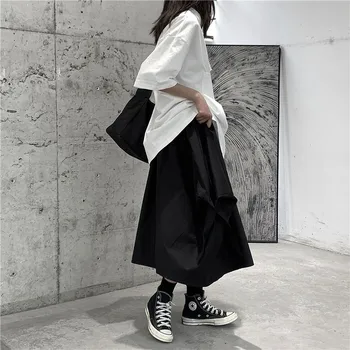 

SuperAen Black Skirt Cotton Street Japanese Style A Line Mid-Calf Casual Solid Skirts Womens