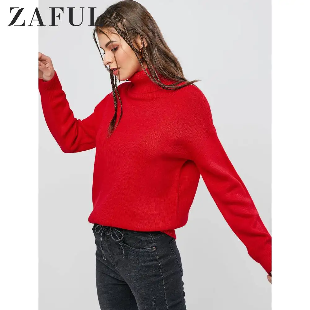 ZAFUL Winter Plain Turtleneck Drop Shoulder Sweater For Women Solid Color Long Sleeve Ladies Pullovers Female Tops Newest 2019 | Женская