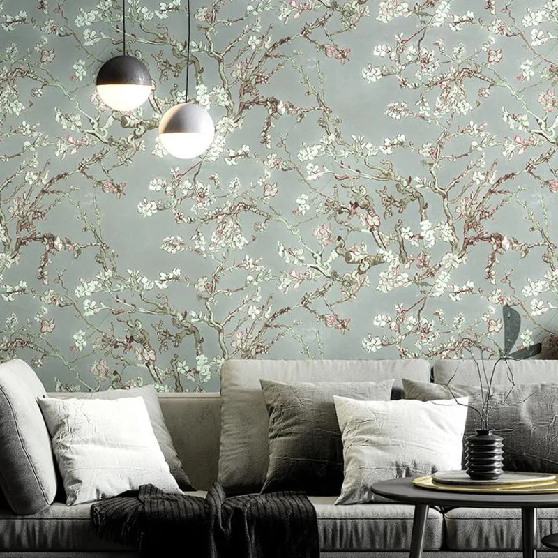 Background Wallpaper for Bedroom, Van Gogh, Pastoral, apricot, Flower, Blue, Oil Painting, Living Room, Home