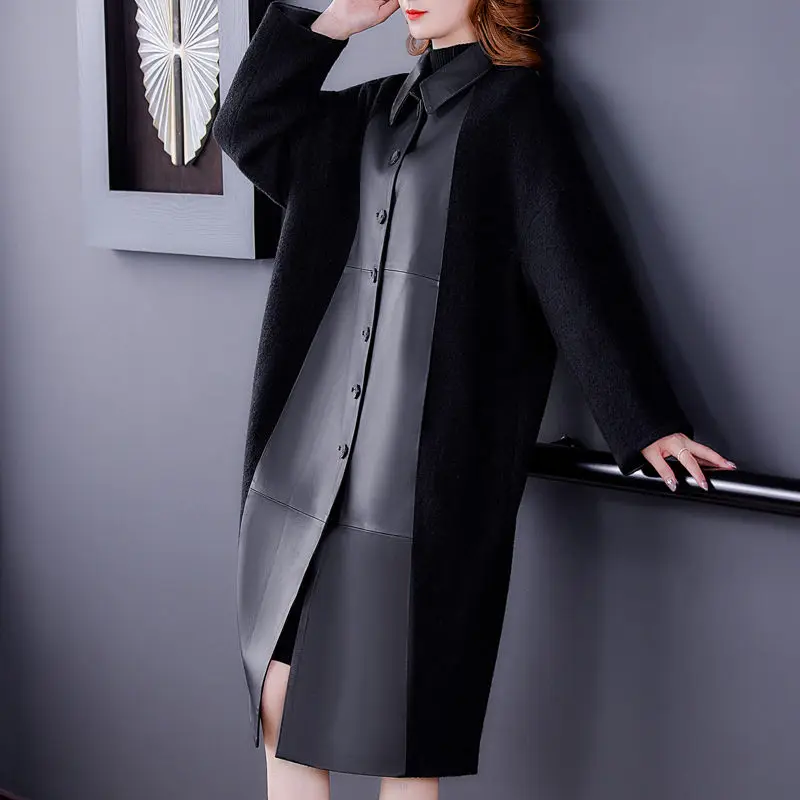 

Woolen Coat Women 2021 Winter New Leather Coat Sheep Skin Stitching Thick Mid-Length Windbreaker Jacket Fashion Outerwear M1383