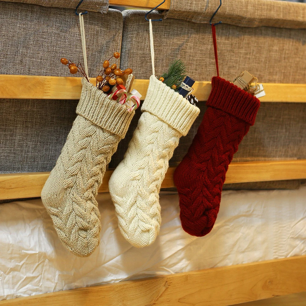 Sock Christmas Knitted Stockings Decor festival Gift Bag Fireplace Xmas Tree Hanging Ornaments Decor Red White Christmas Sock