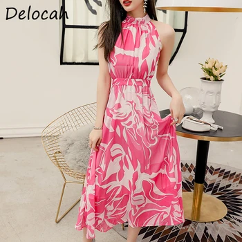 

Delocah Women Summer Sexy Off Shoulder Boho Holiday Dress Sleeveless Bow Printed High Waist Female Fashion Runway Long Dresses