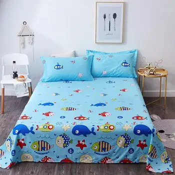 

50 1 Piece 100% Cotton Flat Sheet For Children Adults Single Double Bed Cartoon Undersea Flat Bedsheets (No Pillowcase)