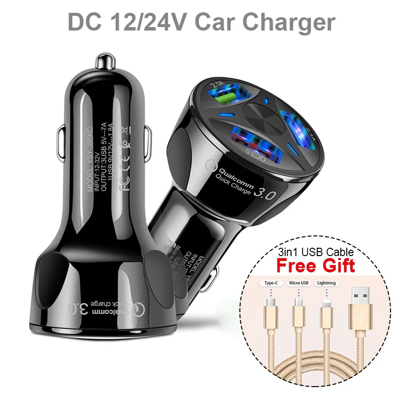 

3 USB ports Car Charger Adapter 3 Auto Vehicle Metal Charger For Smart Phone with gift of 3in1 Cable Micro usb/Lightning/Type C