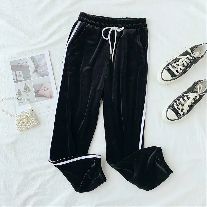 Neploe/Новинка; сезон осень-зима; женские шаровары; Pantalon Femme; повседневные спортивные штаны со шнуровкой и высокой талией; полосатые велюровые брюки; 54248