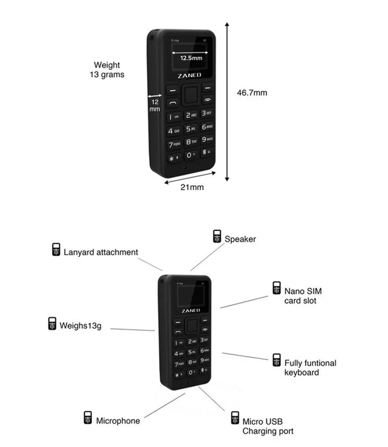 ZANCO Tiny T1 самый маленький в мире мобильный телефон разблокированный основной мини мобильный телефон для пожилых людей и детей портативный