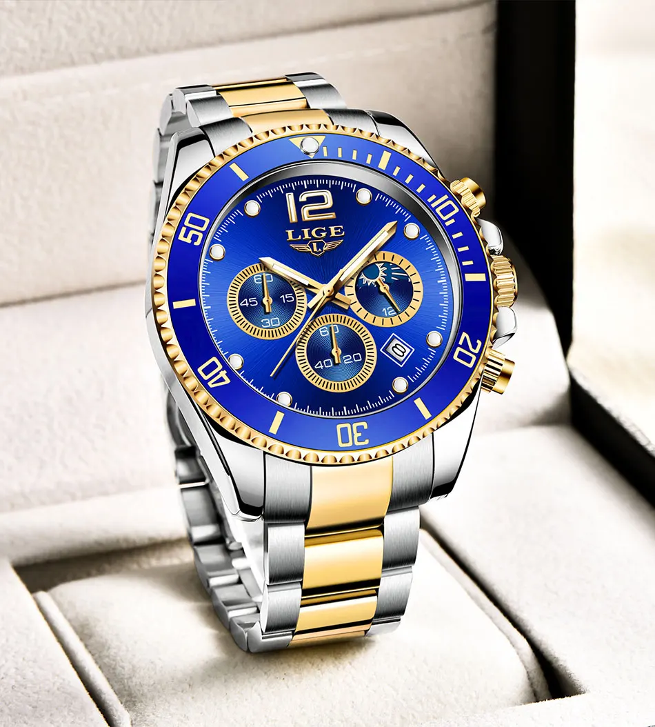 LIGE Watch for Men Top Brand Luxury Clock Casual Stainless Steel Watches Moon Phase Man Chronograph Waterproof Quartz Wristwatch