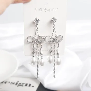 

MWSONYA 2020 Net Red Fashion Bow Earrings Tassel Pearl Water Drop Dangle Earrings for Women Elegant Ear Party Student Earrings