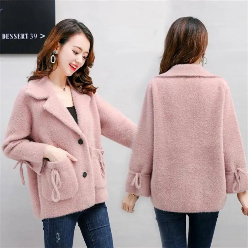 

2019 New Autumn Winter Women Casual Loose Faux Mink Fur Knit Cardigan Sweater Female Elegant Lace Up Knitted Outwear Tops X104