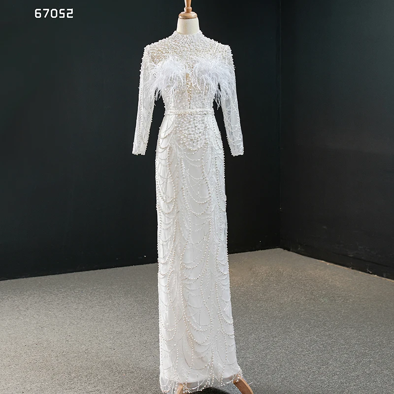 J67052 JANCEMBER Wedding Dress Feather Long Sleeve Backless Pearl Sashes Removable Train High Neck Luxury Elegant White Dress 4