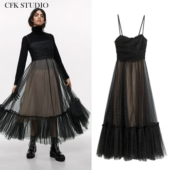 

Za Women Party Mididress with Polka Dot Printed Sleeveless Elegant Loose Volie Mididress Femme Summer Black Long Mididress