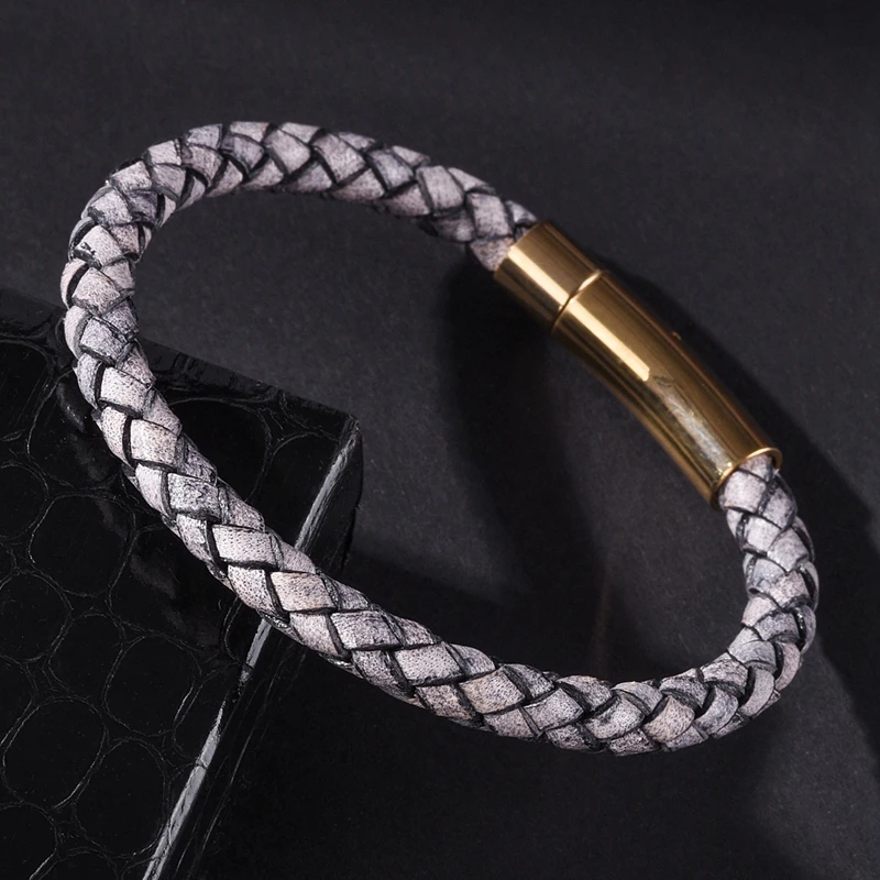 MOZO FASHION HOT Man Charm Bracelets Gray Genuine Leather Rope Mixed Braided Bracelet Simple Punk Woman Classic Jewelry 602