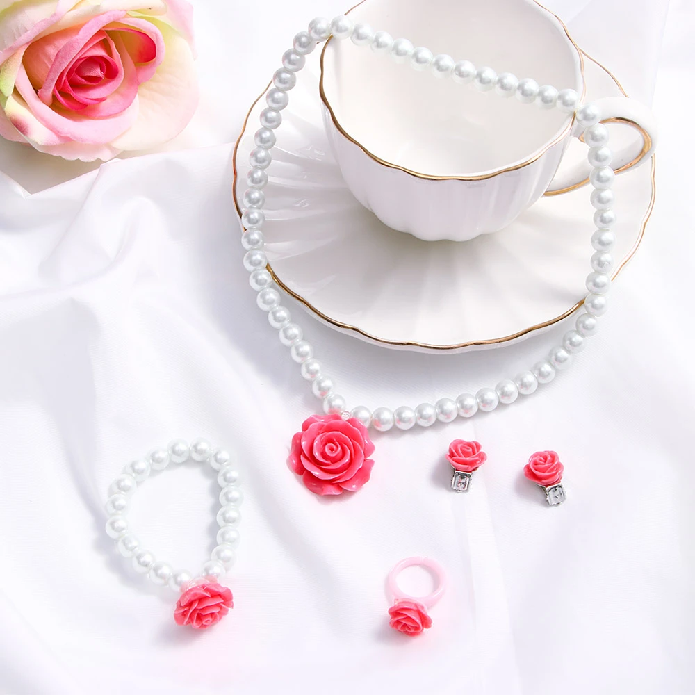 Set Pearls Flower Shape Kids Girls Child Necklace Bracelet Ring Ear Clips Sets