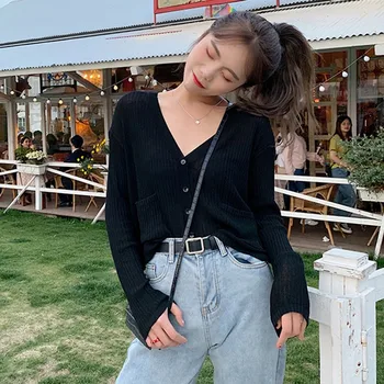 

Women Autumn Knitted sweater Simple Solid Straight Bottom Clothing Sweater Sunscreen Cardigan for Female