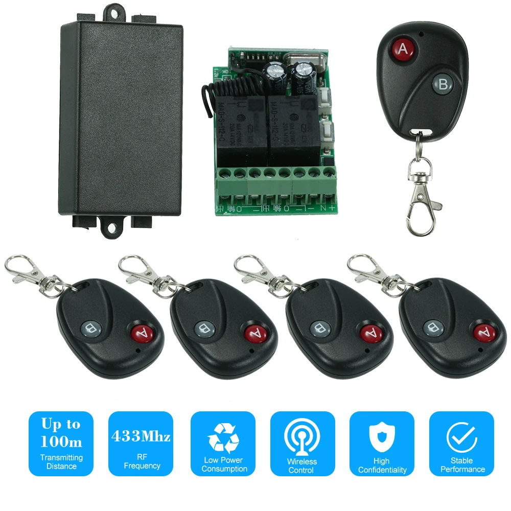 

433Mhz DC 12V Universal 10A Relay Wireless Remote Control Switch Receiver Module and 5PCS 2 Key Transmitter Remote Controls