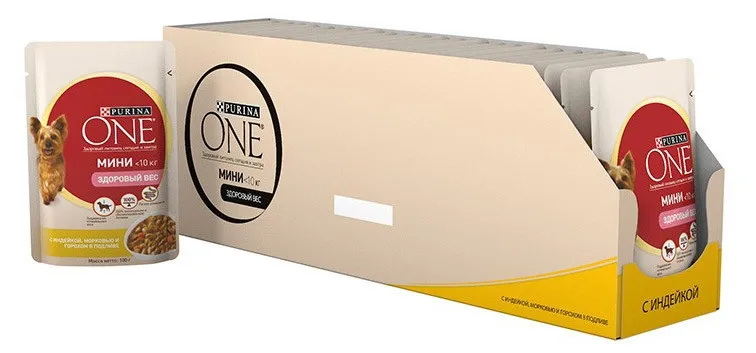 Влажный корм для собак мелких пород Purina ONE МИНИ Здоровый вес, с индейкой, морковью и горохом в подливе, Пауч, 100 г(24 шт