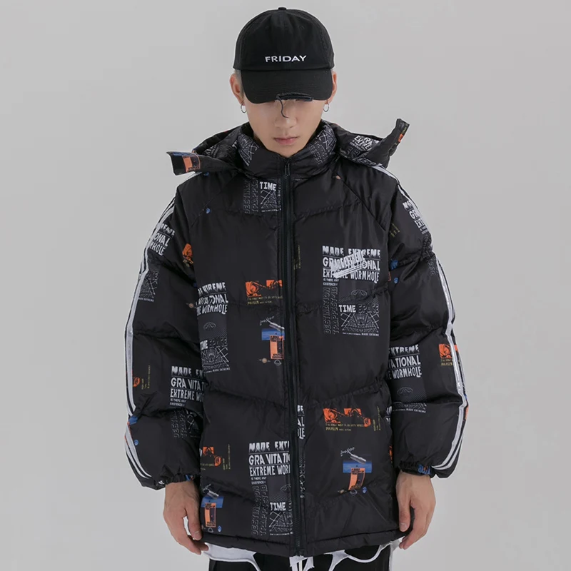 Hip Hop Hooded Jacket Parka Graphic Print Streetwear Men Windbreaker Hoodie Harajuku Winter Padded Jacket Coat Warm Outwear