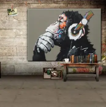 

2020 Large Animal Monkey Painting Printed On Canvas Modern Funny Thinking Monkey with Headphone Wall Art Home Decor 1 Pc