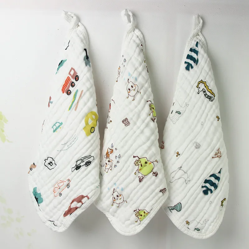 1 Piece Wasoyoli Colorful Printed Burp Cloths 30*30CM 100% Muslin Cotton 6 Layers Handkerchief With White Edge Soft Infant Towel Baby Accessories cute	