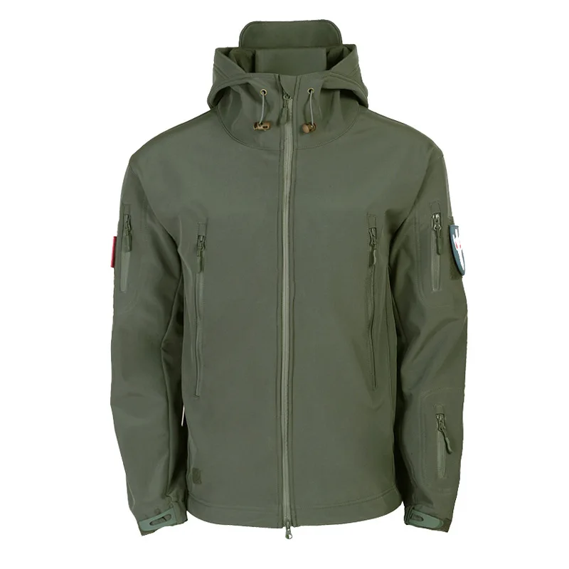 Green Sharkskin Мужская Военная Униформа с капюшоном Боевая куртка ветровка водонепроницаемый Высокое качество Толстые топы для пеших прогулок тактический камуфляж - Цвет: Green