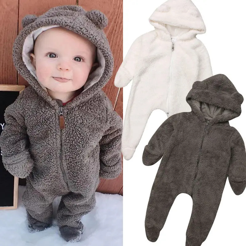 

Cute Newborn Baby Boy Winter 3D Ear Hooded Zipper Romper Long Sleeve Jumpsuit Clothes