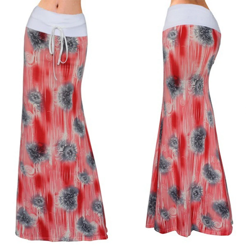Ladies Floral Printed High Waisted Long Skirt Summer Swing Flared Maxi Dress