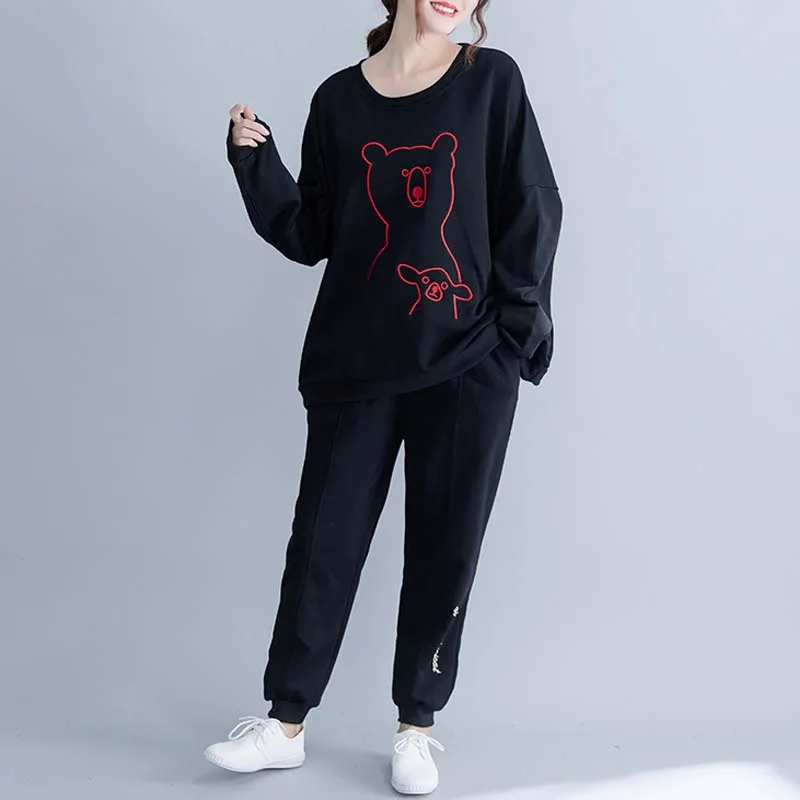 Большие размеры Kawaii медведь вышивка Толстовка для женщин осень хлопок черный толстовки оверсайз Kpop пуловер корейский уличная одежда