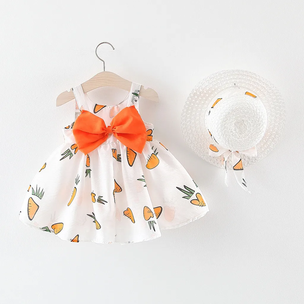 

плае(3M-24M) Children Sleeveless Carrot Print Bowknot Princess Dress + Hat Summer Sweet плае ленее summer dress kids S4