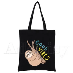 Sloth Unisex Handbags Custom Canvas Tote Bag Print Daily Use Reusable Travel Casual Shopping Bag Black