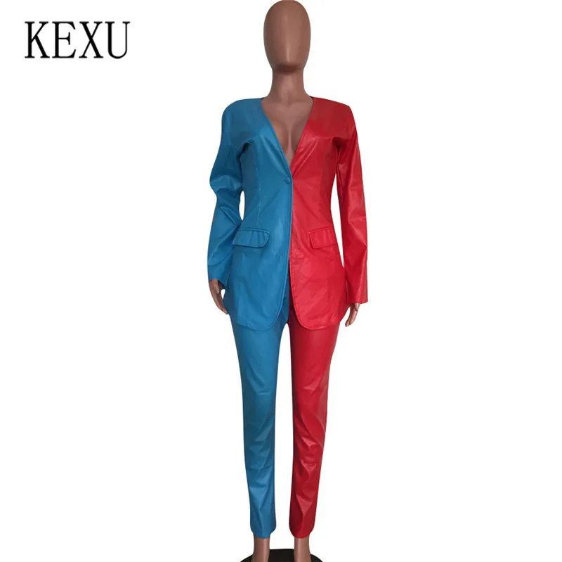 Lake Blue KEXU винтажные Лоскутные рабочие брючные костюмы комплекты из 2 предметов женский деловой комплект Повседневный блейзер и брюки-карандаш с высокой талией офисный женский костюм - Цвет: Lake Blue