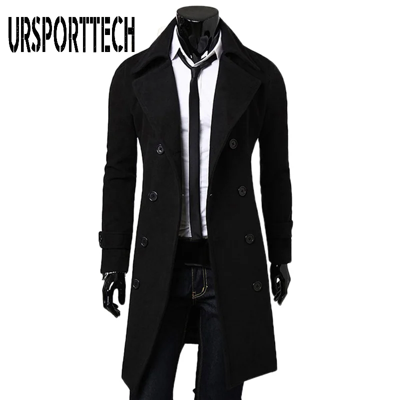 Черный URSPORTTECH, модное пальто, мужское шерстяное пальто, зимнее, теплое, одноцветное, длинный Тренч, пиджак, однобортное, Бизнес Стиль, повседневное пальто, мужское, шерстяное пальто - Цвет: Черный