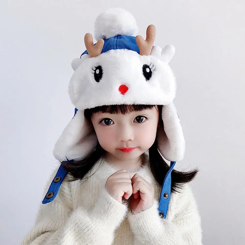 Autumn Winter Cute Kids Girls Antler Pompom Chin Strap Ear Flap Cap Warm Hat Woolen Yarn Children's Clothing Accessories Gifts | Детская