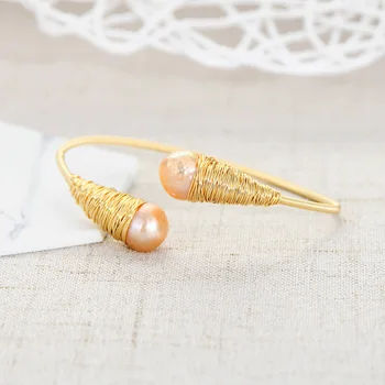 

Viennois Gold Filled Pearl Cuff Bangle Wire wrapped pearl Bracelets & Bangles Women Handmade Jewelry Bangles