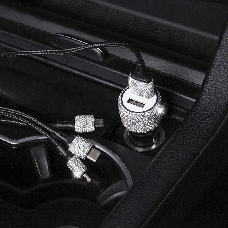 Изысканный 2 в 1 двойной USB порт быстрая зарядка автомобильное зарядное устройство алюминиевый сплав Полный Кристалл Стразы прикуриватель адаптер питания