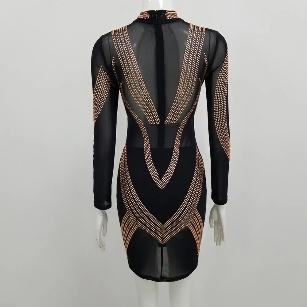 Rhinestone Sexy Mesh Прозрачное платье Нагрудные ремни Женское платье для вечеринки по случаю дня рождения Высокоэластичное платье с длинными рукавами Певица Dancer