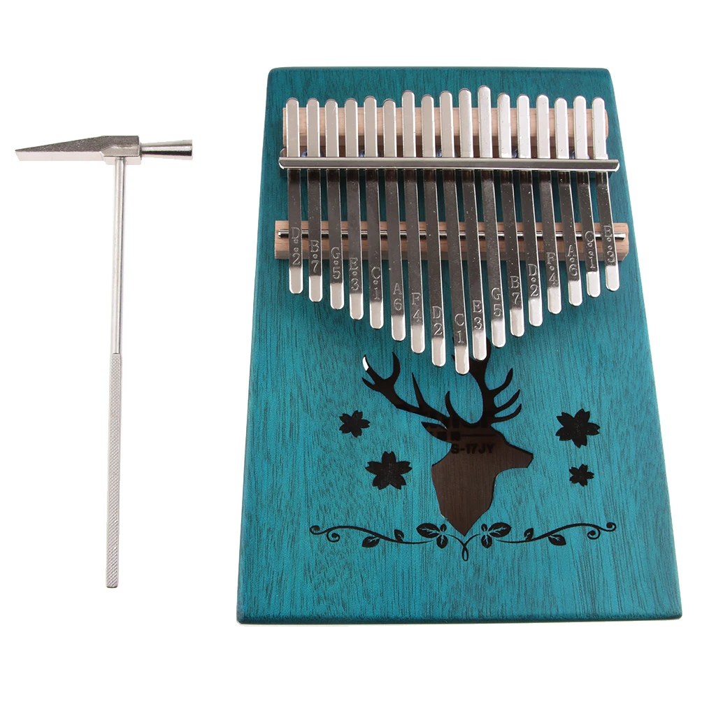 17 Keys Thumb Piano Kalimba Mahogany Beginner Piano Gift Deer Pattern Decoration Finger Percussion Musical Instrument - Blue